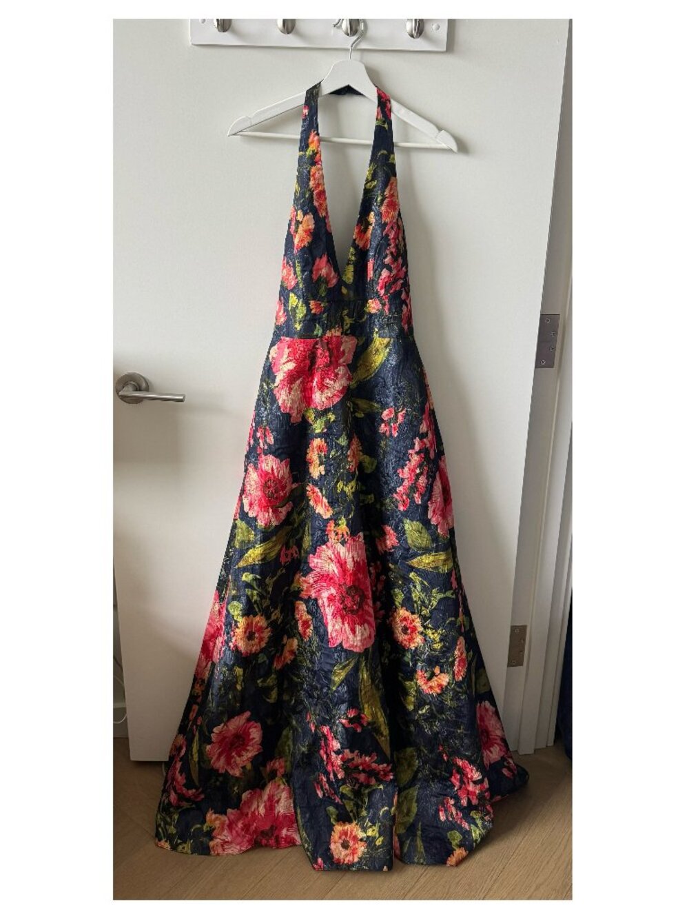 Floral Jacquard Plunging Halter Gown - Picture 3 of 6